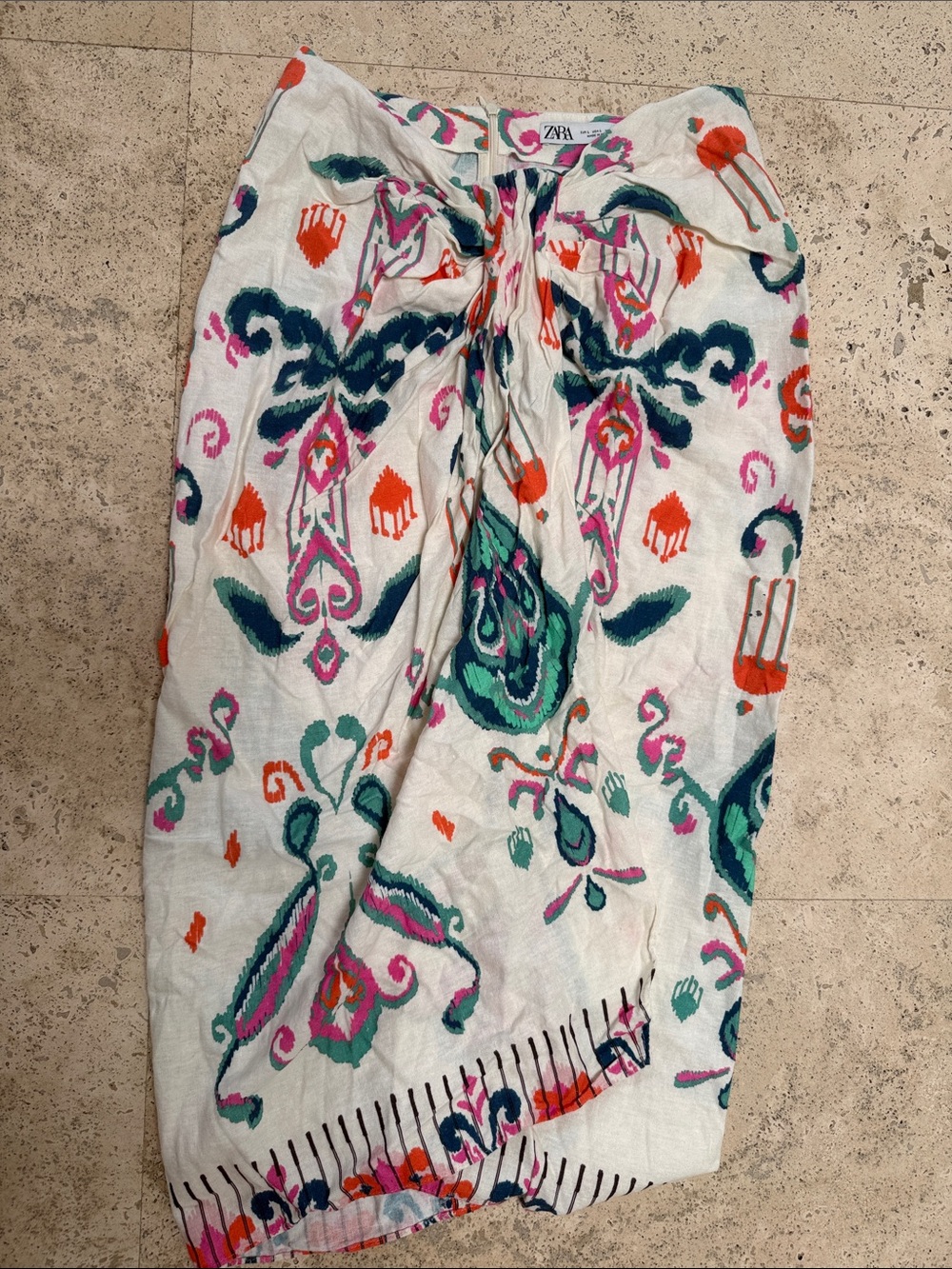 Zara White Midi Skirt with Teal, Pink and Orange Ikat Motifs